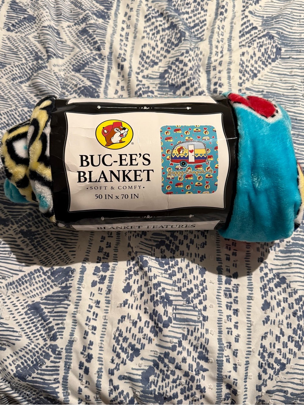 Buc-ee’s Turquoise & Multicolor Plush “Happy Camper” Blanket - Soft & Comfy